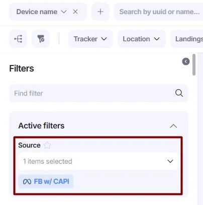 Selected source as an Active filter.