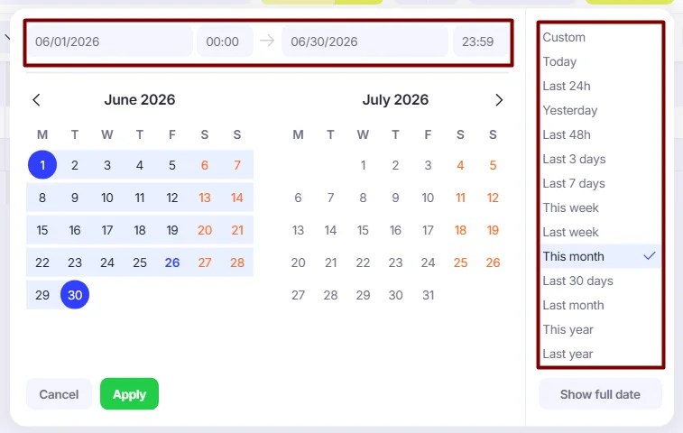 Time range window.