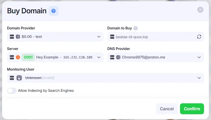 Buy domain window.