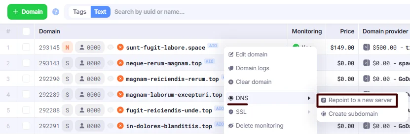 Repoin to a new server action in Domains section.