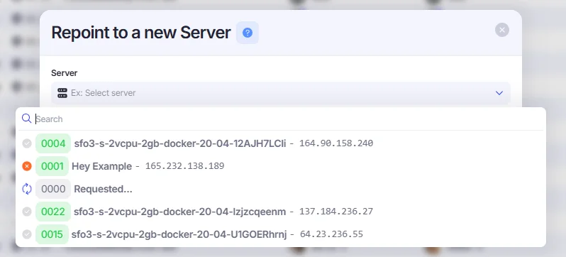 Repoint to a new Server window,