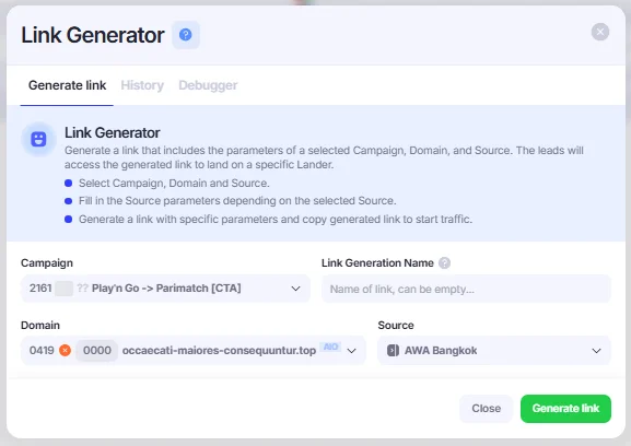 Link generator window.