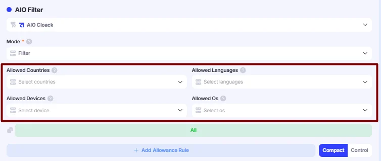 Optional Traffic Filter parameters.