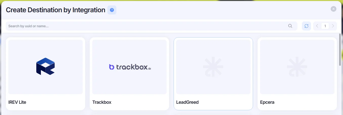 Create Destination by Integration window.