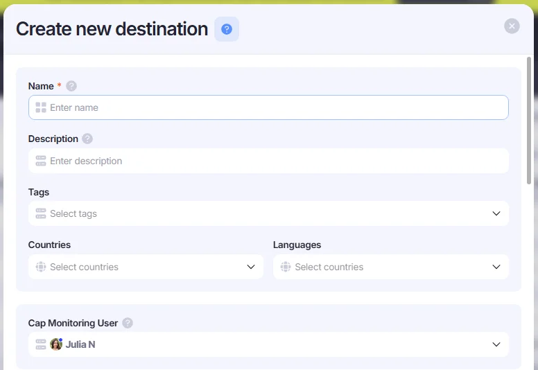 Create new destination window.
