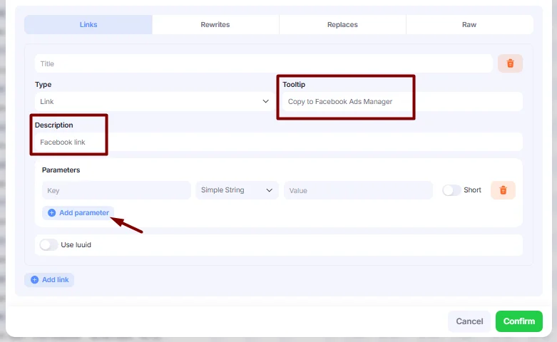 Tooltip and description fields in Links block.