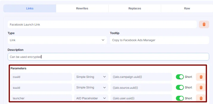 Core AIO tracking parameters in Links block.