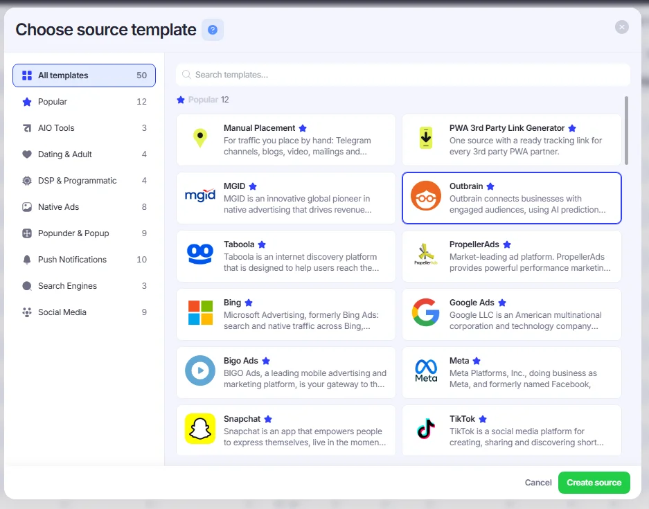 Source Template window in Add Source section.