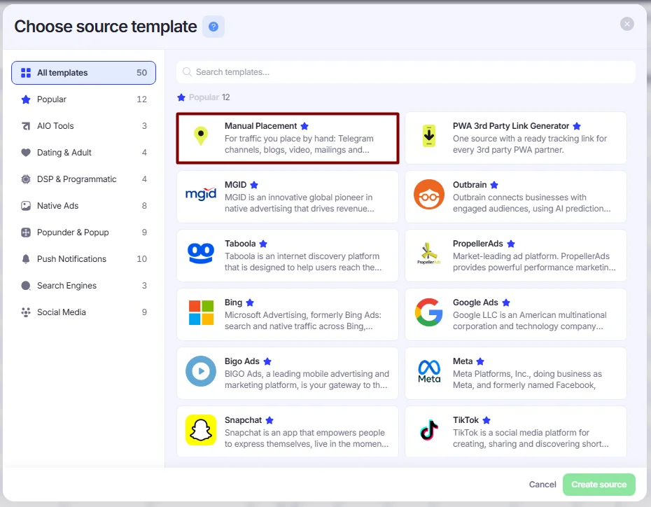 Choose source template window.