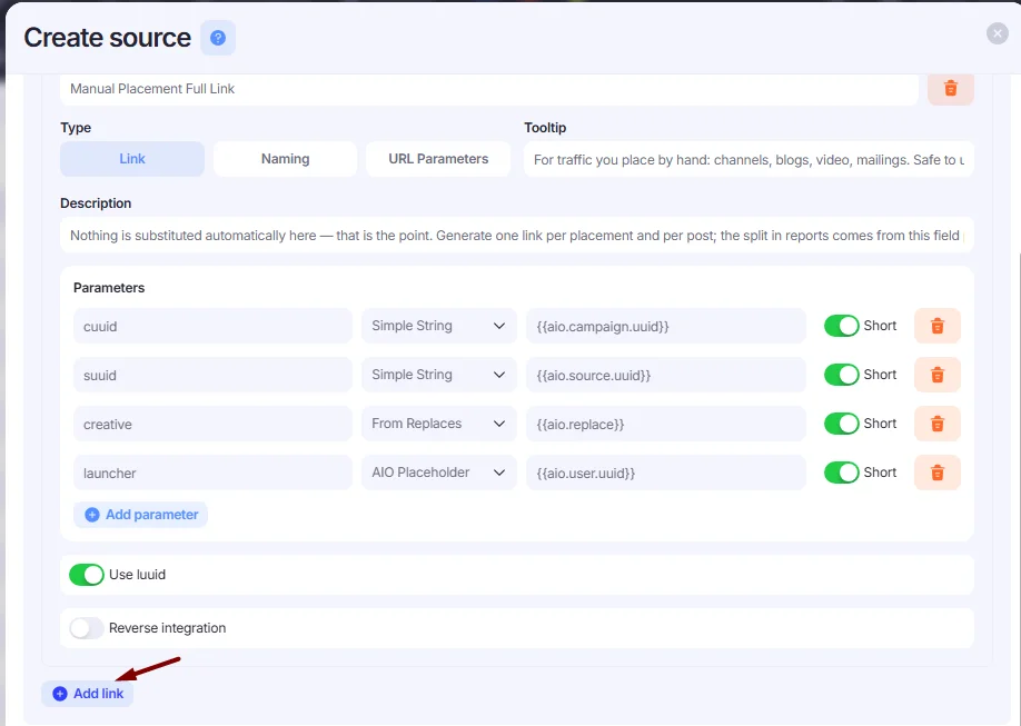 Add link button in Create source window.