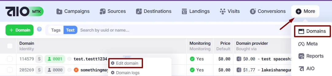 Edit Domain action in Domains section.