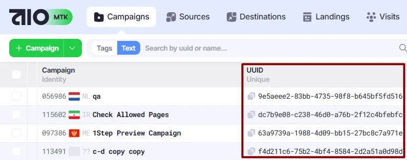 UUIDs in Campaigns section.