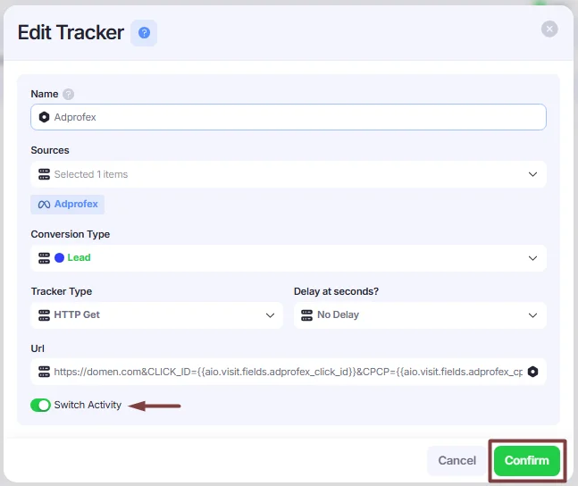 Edit tracker window.