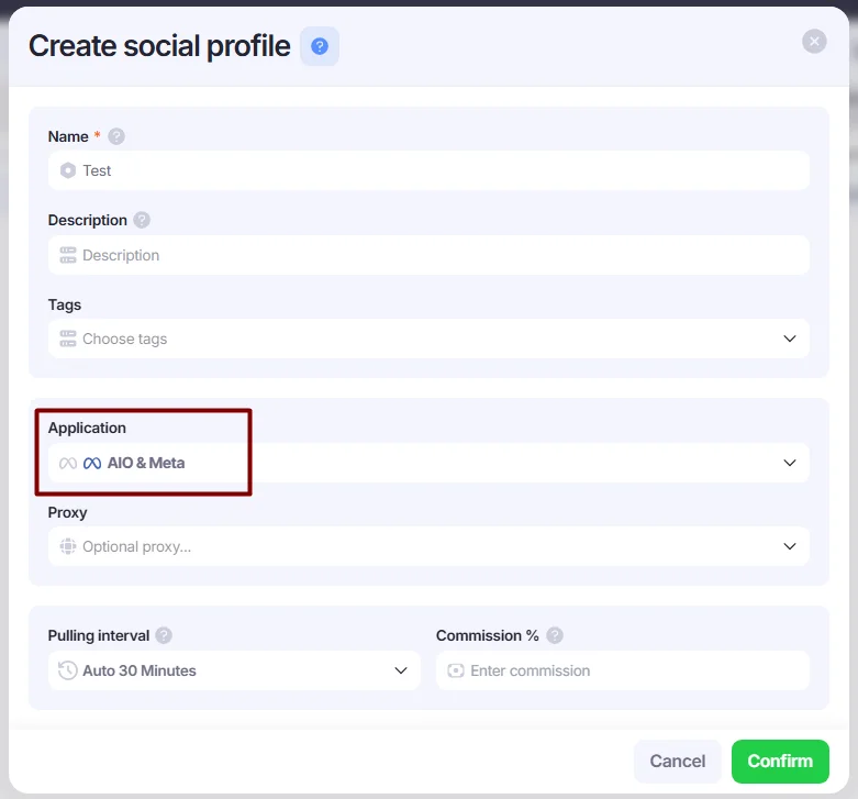 Create Social Profile window