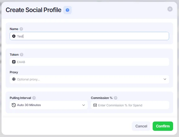 Create Social Profile window