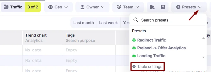 Presets→Table settings selectors in Campaigns.