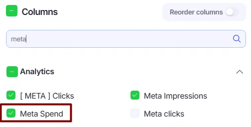Meta spend metric in Presets→Table settings.