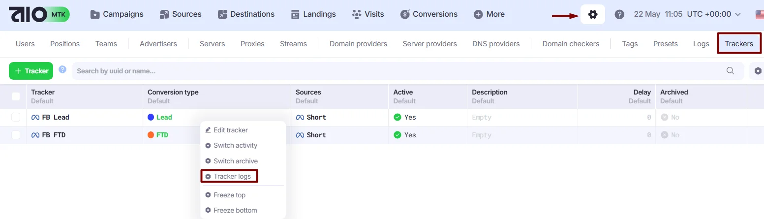 Tracker Logs action in Trackers section.