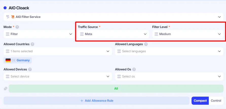 AIO Filter Service configuration example.