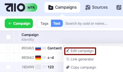 Edit campaign action in Campaigns section.