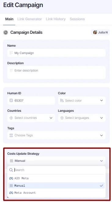 Costs Update Strategy in Edit Campaign window.