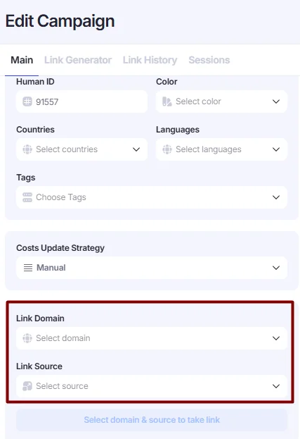Link source in Edit Campaign window.