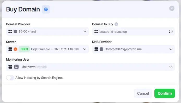 Buy domain window.