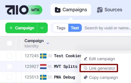 Link generator in the Campaigns tab.