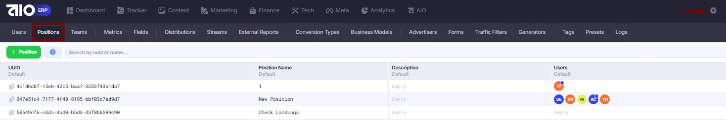 User positions in the Positions section.
