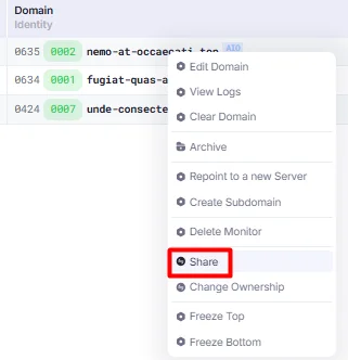 Share action in Domains section.