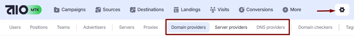 DNS Providers, Domain Providers, Server Providers tabs.