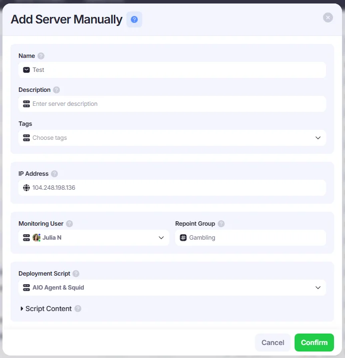 Add Server Manually window.