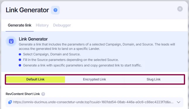 Default Link, Encrypted Link and slug Link access buttons.