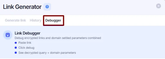 Debugger in the Link Generator window.