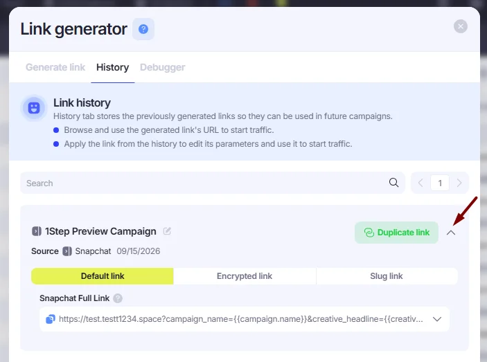 Link Generator History tab.