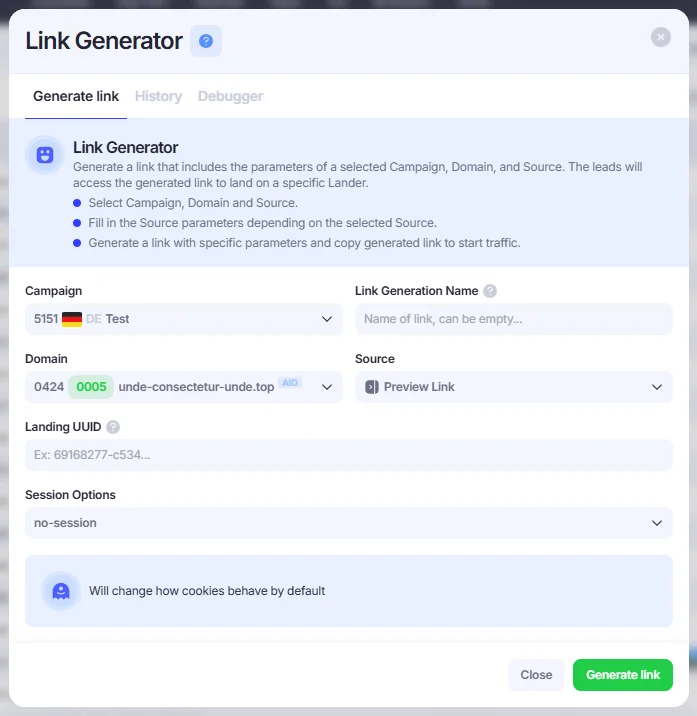 Generate Link tab in the Link Generator.