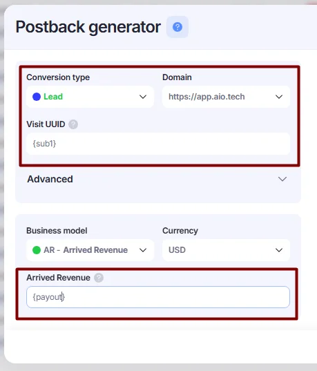 Mandatory fields in Postback Generator.