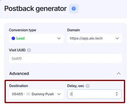 Advanced options in Postback generator.