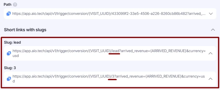 Conversion type slugs in the postback URL.