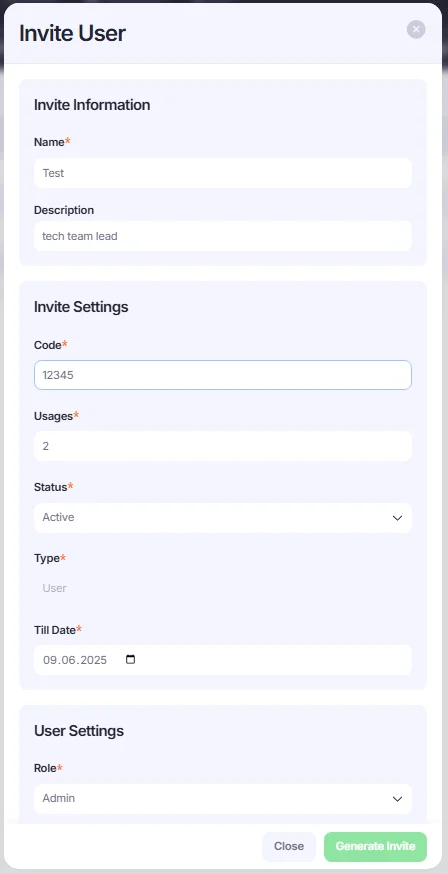 Invite User window.
