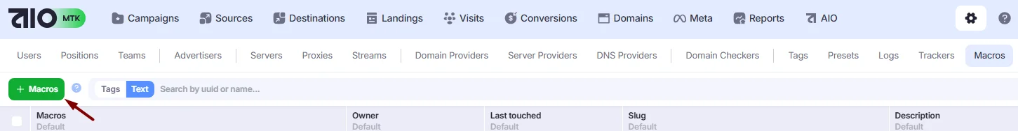 +Macros button in the Macros section.