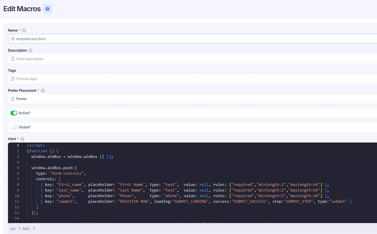 Edit macros window.