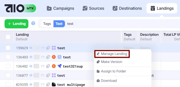 Manage Landing action.