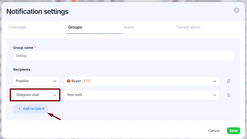 Add recipient button in Groups section.