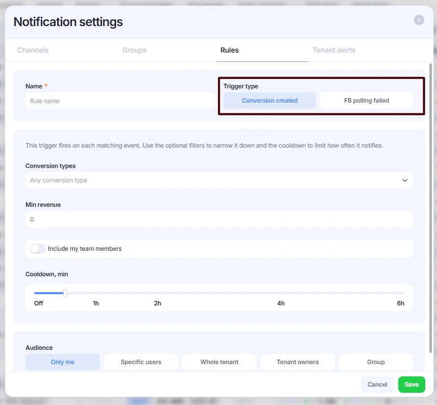 Notification settings window.