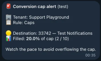 Conversion cap alert notification example.