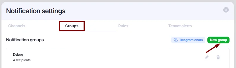 New group button in Groups section.
