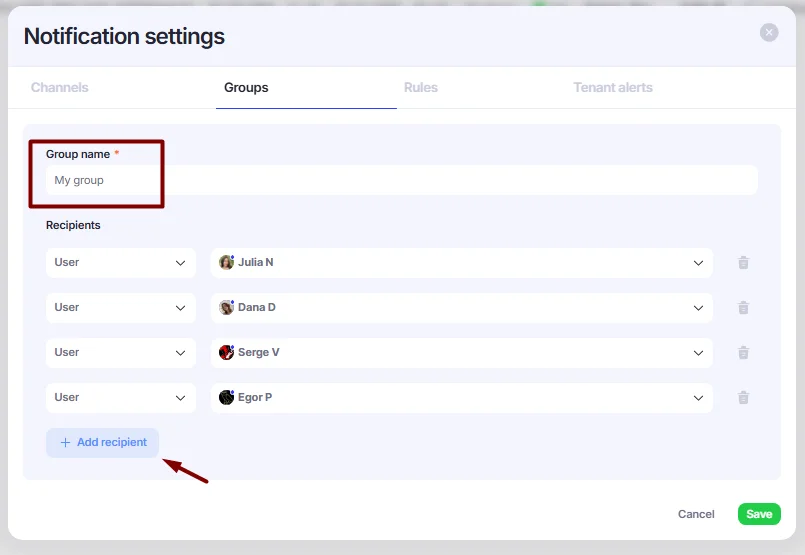 Groups notification settings window.
