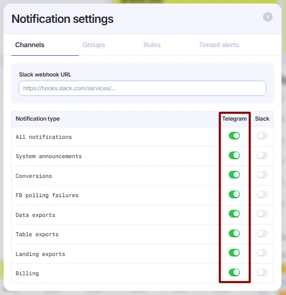 Notification type toggles.