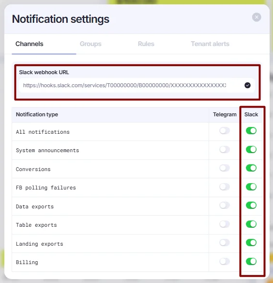 Notification type toggles.